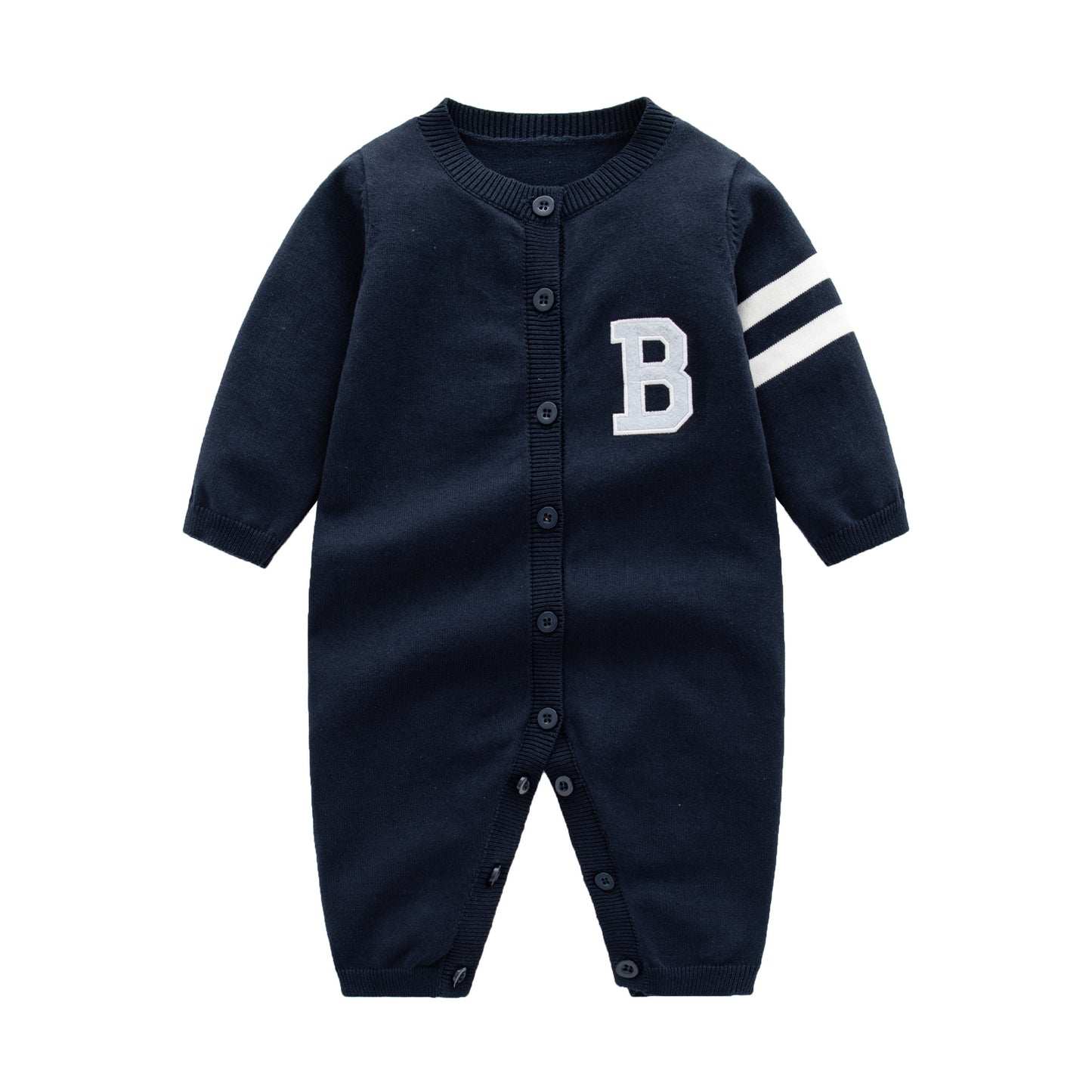 Baby Letter Embroidered Pattern Side Striped Design Full Button Fashion Romper