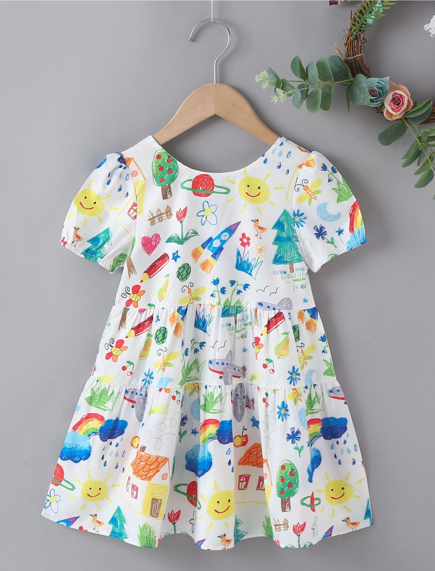 Baby Print Pattern Bow Patched Design Short Sleeve Dress In Summer
