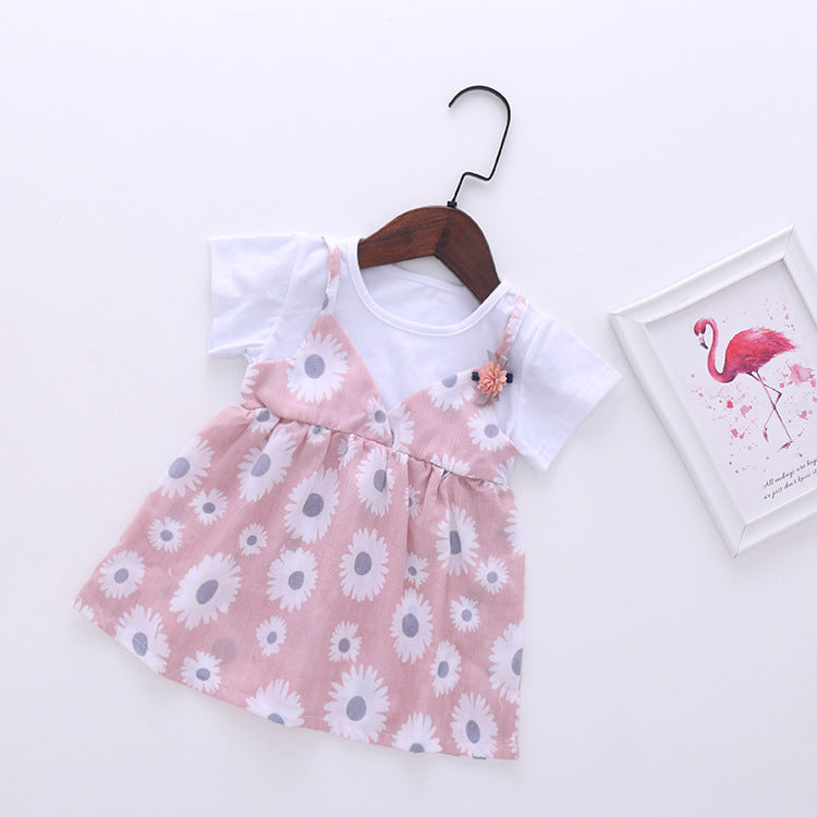 Baby Girl Little Daisy Print Pattern False Two-Piece Patchwork Design Round Collar Short-Sleeved Dress