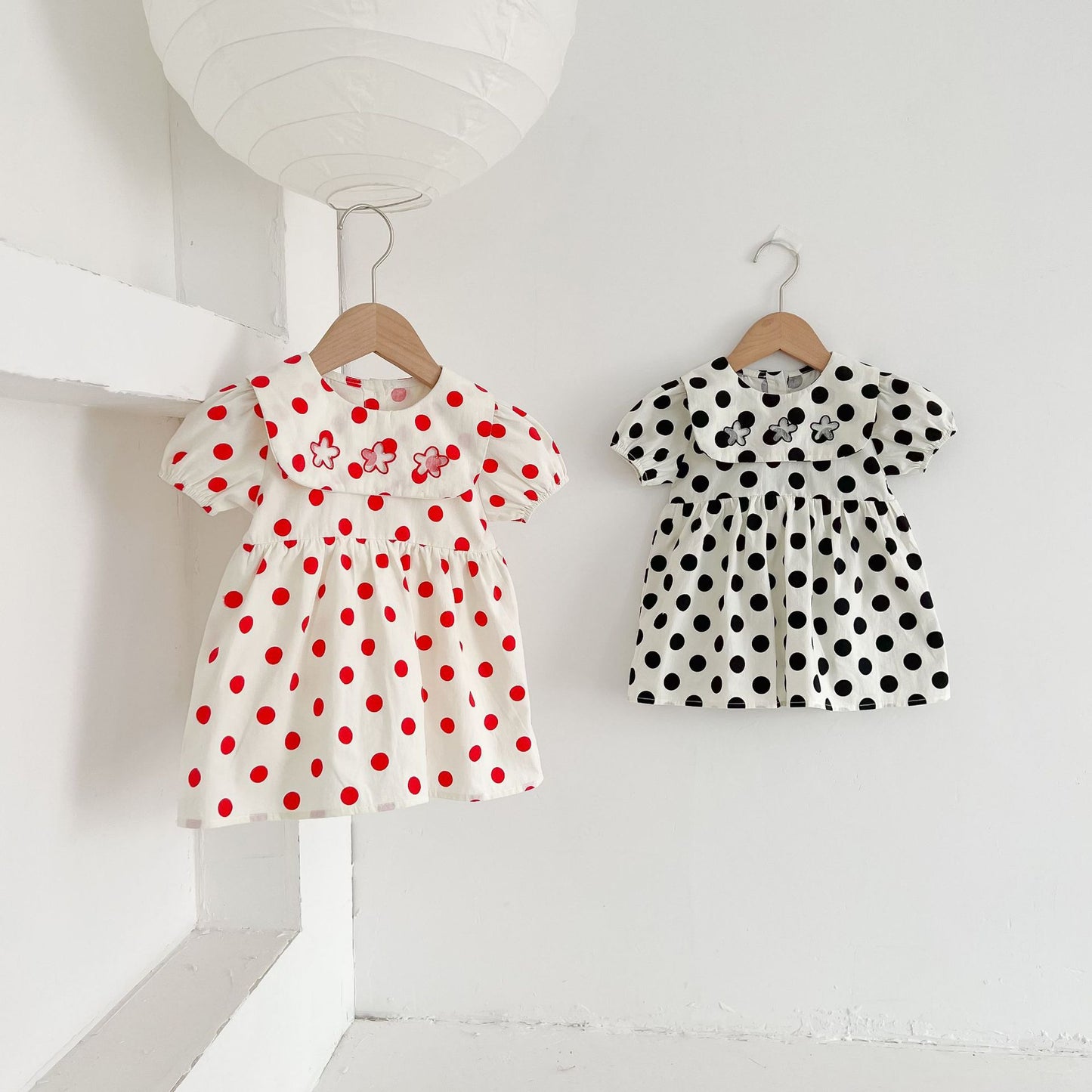Baby Girl Dot Print Short-Sleeved Embroideried Floral Collar Dress