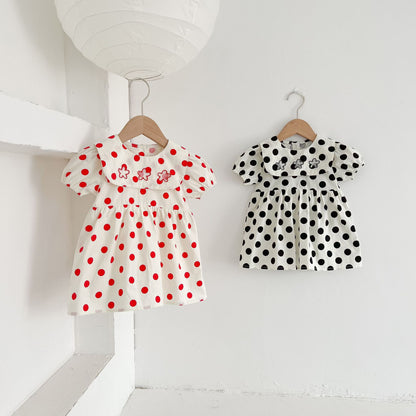 Baby Girl Dot Print Short-Sleeved Embroideried Floral Collar Dress