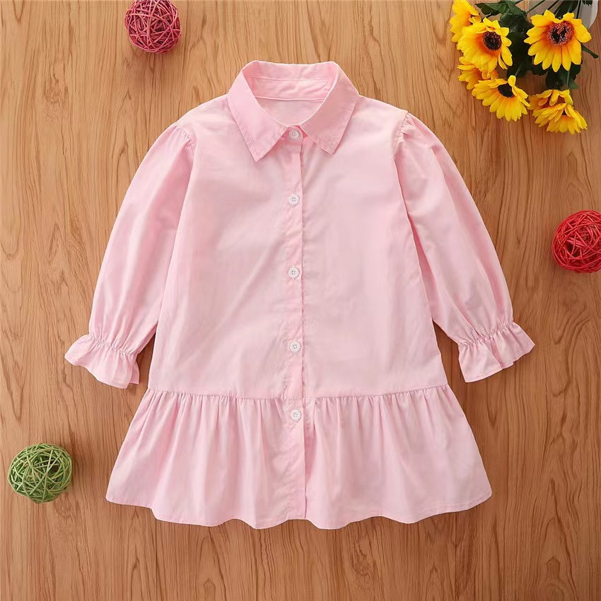 Baby Girl Leather Strap Combo Solid Color Lapel Design Shirt Dress My Kids-USA