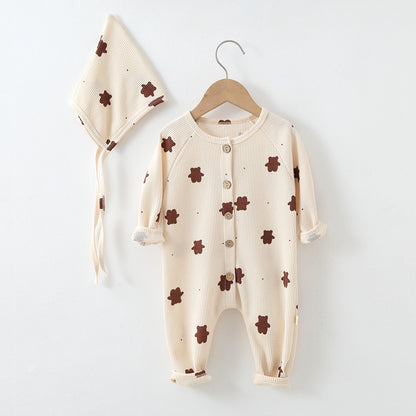 Baby Waffle Knitted Pattern Cute Bear Graphic Single Breasted Design Jumpsuit & Hat My Kids-USA