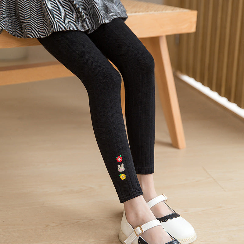 Baby Girl Embroidered Pattern Solid Color Soft Cotton Leggings, MyKids-USA®, Baby & Toddler Bottoms, MyKids-USA - Size/Age - M (3-5Y) - Color - Black -  -  - JM2210272302-B