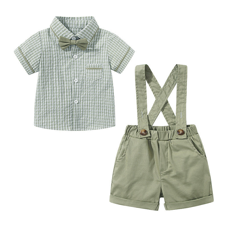 Baby Plaid Print Single Breasted Design Shirt With Bow Tie Combo Strap Rompers Sets My Kids-USA