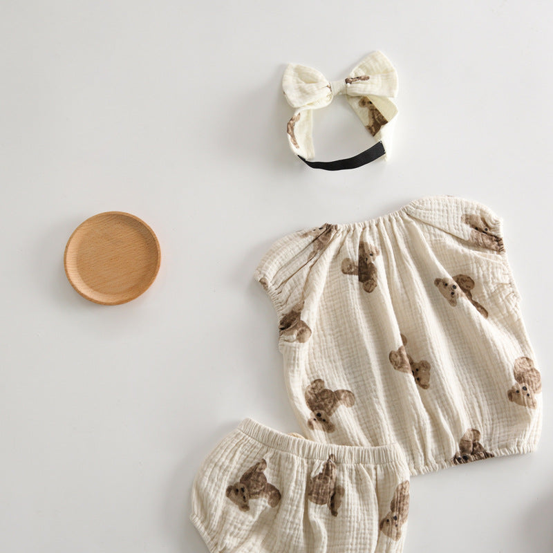 Baby Girl Bear Print Pattern Sleeveless Round Collar Tops Combo Shorts Two-Piece Sets My Kids-USA