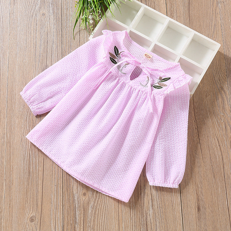 Baby Girl Embroidery Pattern Bow Tie Design Striped Long Sleeve T-Shirt