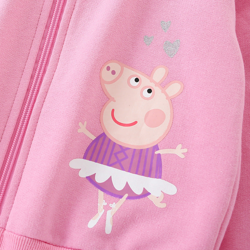 Baby Girl Cartoon Piggy Pattern Solid Color Zipper Cotton Warm Coat My Kids-USA