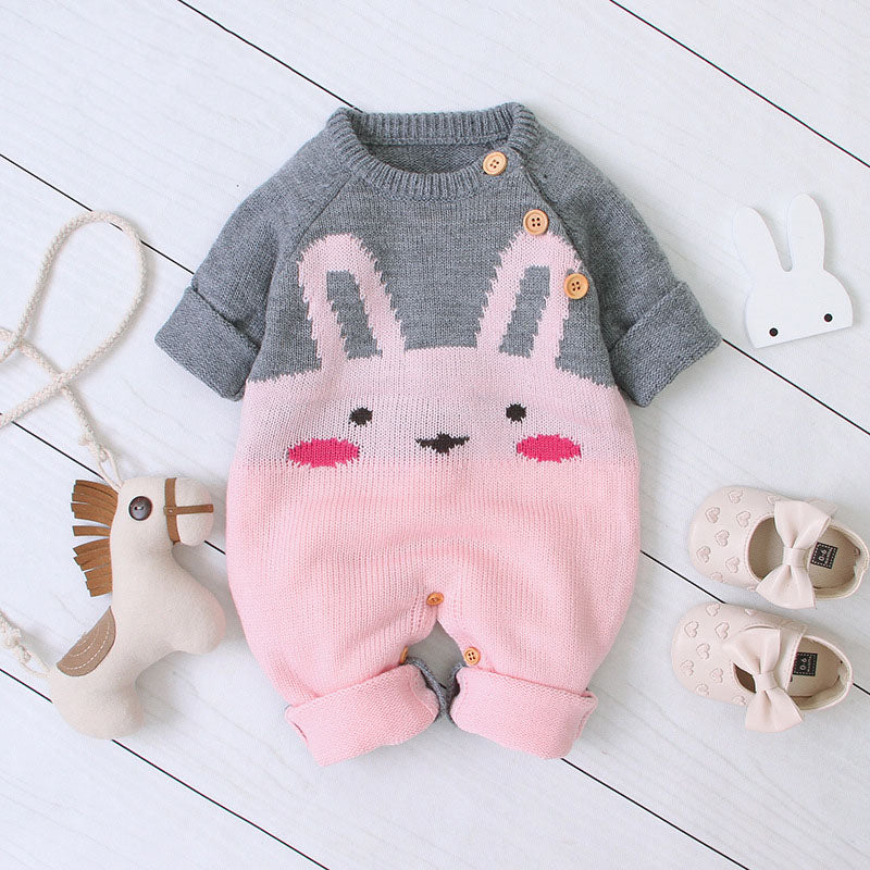 Baby 1pcs Cartton Bunny Graphic Contrast Design Shoulder Button Design Knitted Romper My Kids-USA