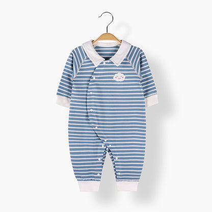 Baby Striped Graphic Cartoon Cloud Patch Design Side Buckle Lapel Jumpsuit Pajamas My Kids-USA