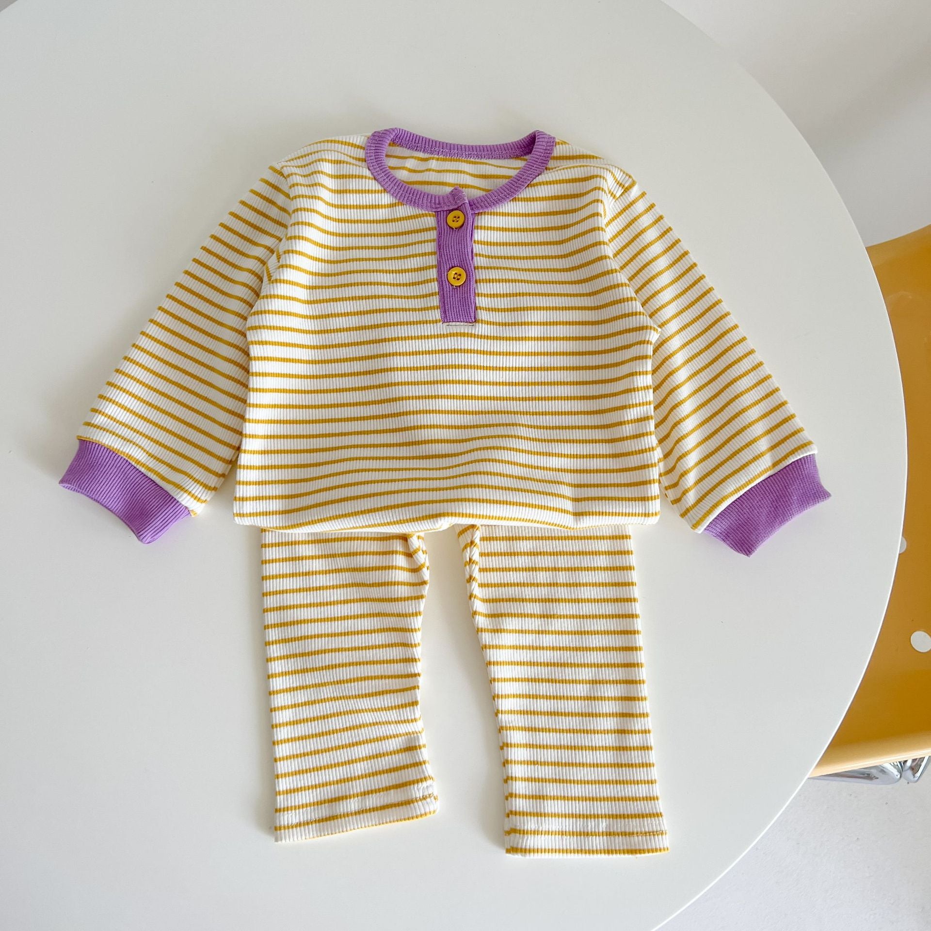 Baby Striped Pattern Quarter Buckle Design Tops Combo Leggings Sets My Kids-USA