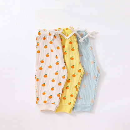 Baby Orange & Bird Print Pattern Waffle Knit Fabric Casual Sets My Kids-USA
