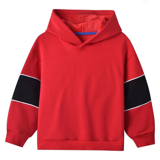 Baby Boy Contrast Tape Design Solid Color Fleece Thickened Hoodies, MyKids-USA®, Baby & Toddler Outerwear, MyKids-USA - Size/Age - 90 (12-24M) - Color - Red -  -  - JM2205272244-B.