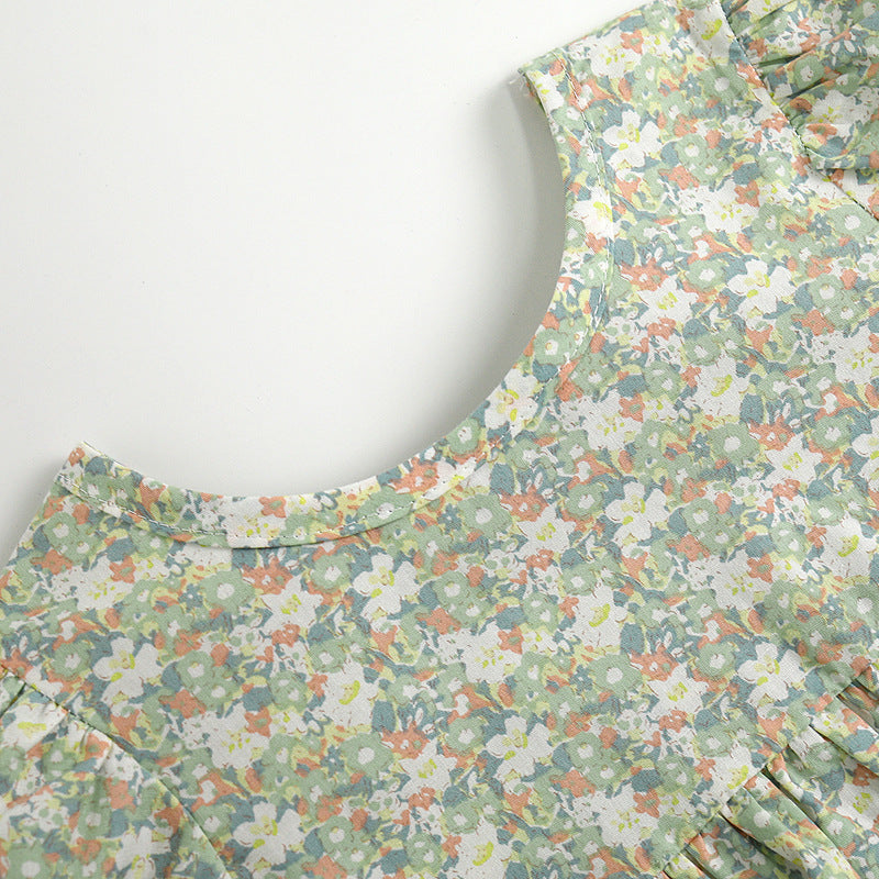 Baby Girls Floral Print Pattern Round Collar Puff Sleeves Onesies In Summer My Kids-USA