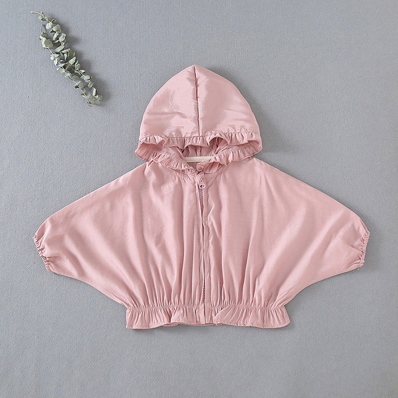 Baby Girl Solid Color Lace Design Zipper Sunscreen Long Sleeve Jacket With Hat In Summer
