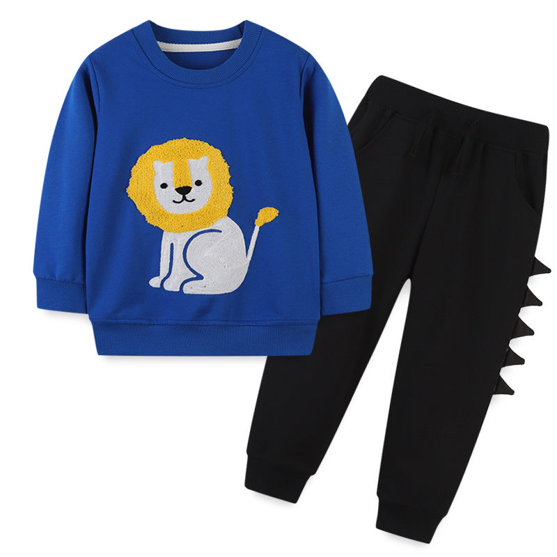 Baby Boy Cartoon Animal Embroidery Solid Color Hoodie Combo Trousers Sets