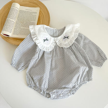 Baby Girl Plaid Graphic Floral Embroidered Doll Neck Cotton Bodysuit My Kids-USA