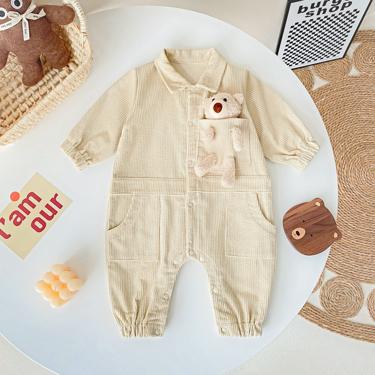 Baby 3D Cartoon Bear Patched Design Corduroy Fabric Button Front Romper My Kids-USA