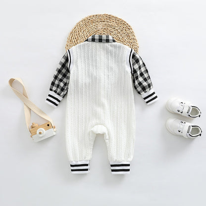 Baby Boy Plaid Patchwork Pattern Bear Embroidered Jumpsuit My Kids-USA