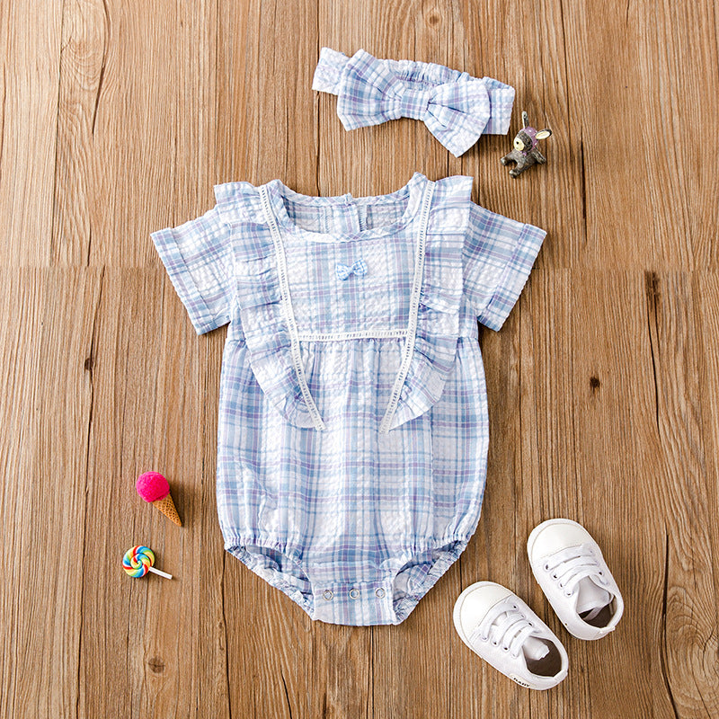 Baby Girl Plaid Print Ruffle Design O-Neck Onesies With Bow Decoration