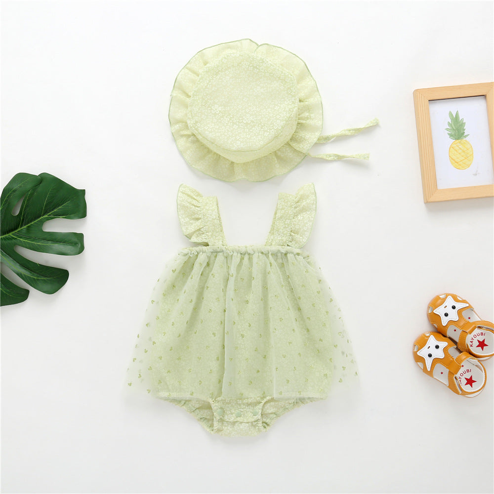 Baby Girl 1pcs Solid Color Heart Graphic Mesh Overlay Sleeveless Dress & Hat My Kids-USA