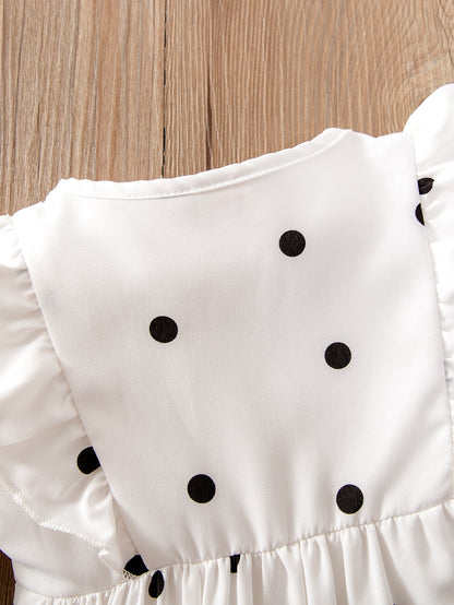 Baby Girls Polka Dot Pattern Ruffle Design Buttoned Puff-Sleeved Dress