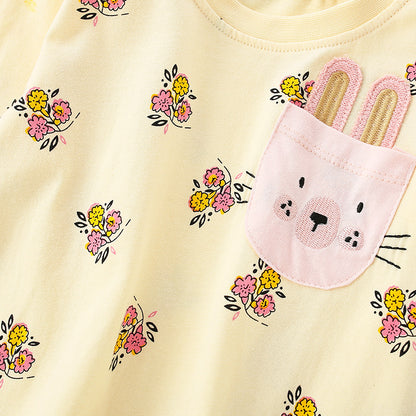 Baby Girl Floral Pattern Bunny Embroidered Pattern Loose Shirt