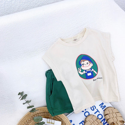 Baby Bear Cartoon Print T-Shirt Combo Solid Color Shorts Sets