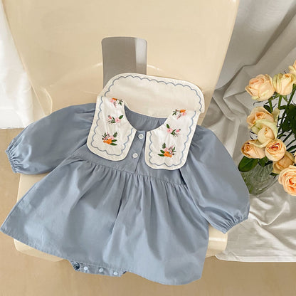 Baby Girl Solid Color Embroidered Doll Neck Beautiful Onesies Dress