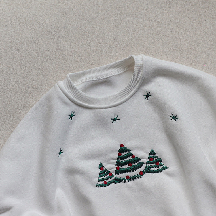 Baby Christmas Tree Embroidered Pattern Long Sleeve Fleece Winter Onesies