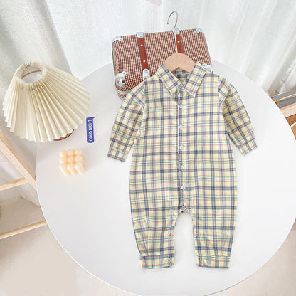 Baby Boy Classic Plaid Pattern Lapel Design Long Sleeve Rompers My Kids-USA