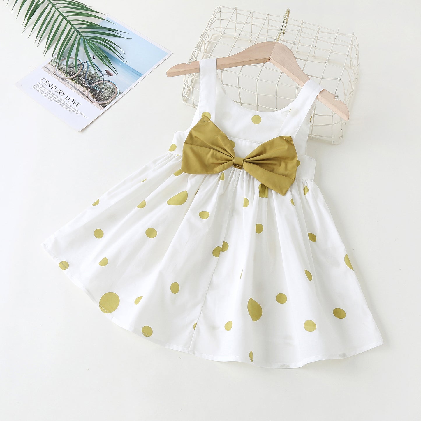 Baby Girls Polka Dot Pattern Sleeveless Round Collar Dress With Bow Decoration