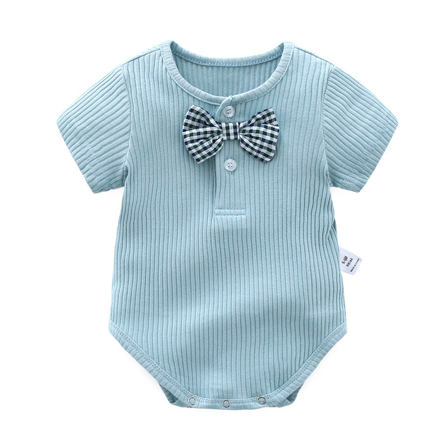Baby Boy And Girl Solid Color Bow Tie Design Short Sleeve Buttoned Onesies, MyKids-USA®, Baby One-Pieces, MyKids-USA - Size/Age - 59 (0-3M) - Color - Blue -  -  - JM2204141617-B