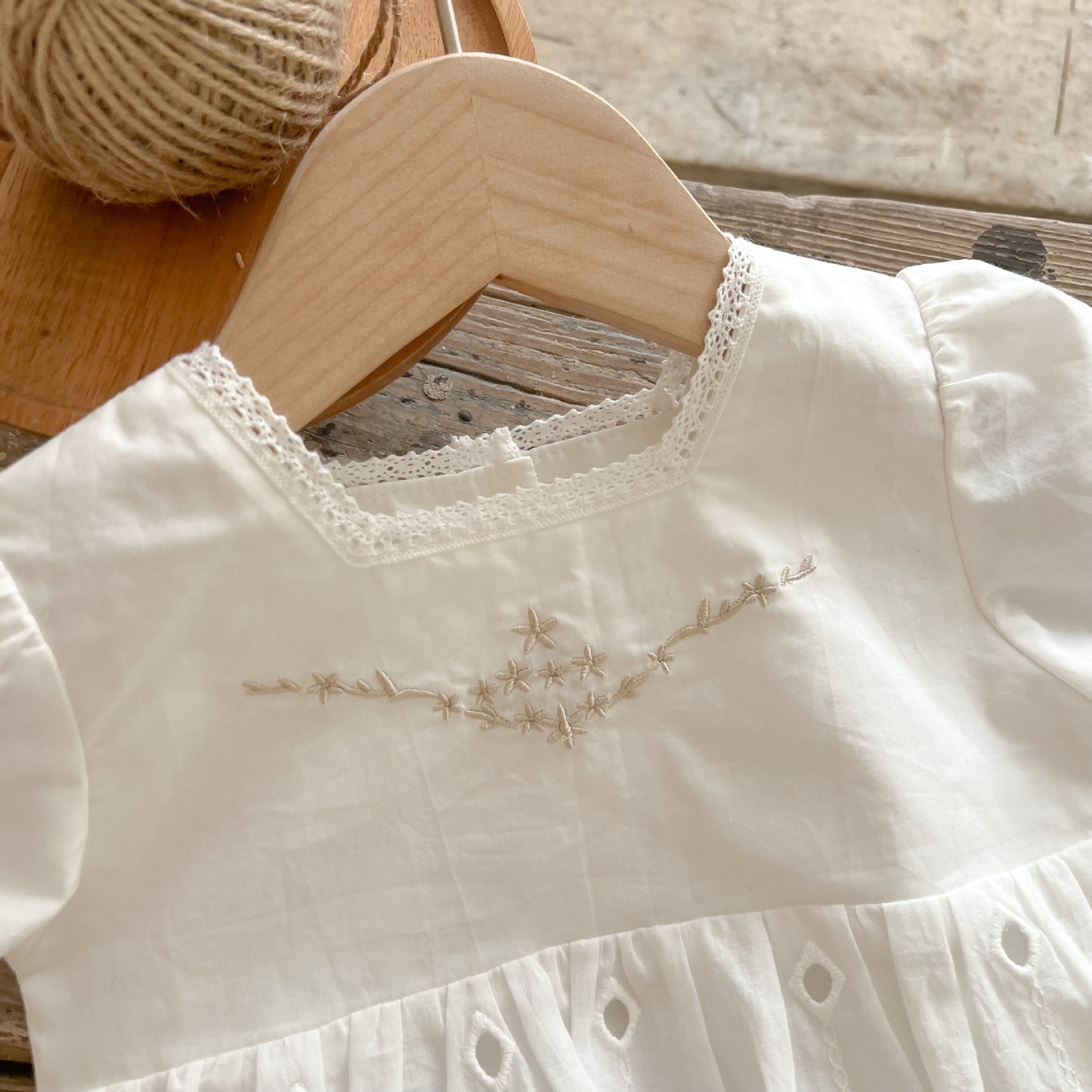 Baby Girl Solid Combo Embroidered Short-Sleeved Square Collar Dress