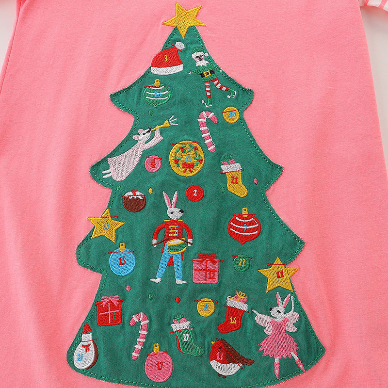 Baby Girl Cartoon Christmas Tree Pattern Striped Sleeve Design Princess Dress My Kids-USA