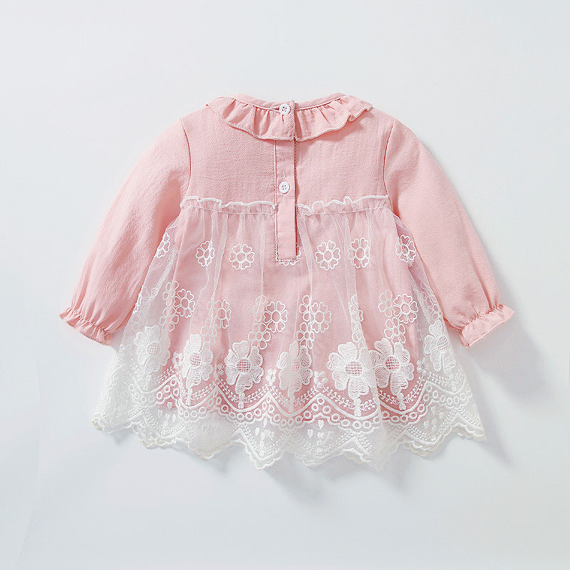 Baby Girl Solid Color Floral Embroidered Lace Patchwork Design Long-Sleeved Dress My Kids-USA