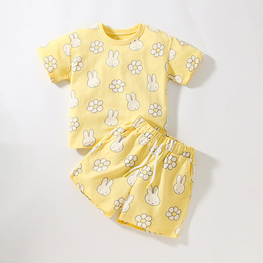 Baby Cartoon Rabbit Pattern Short Sleeve Tops With Shorts Sets