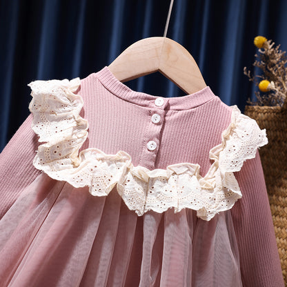 Baby Girl Solid Color Mesh Overlay Design Long Sleeves Princess Dress