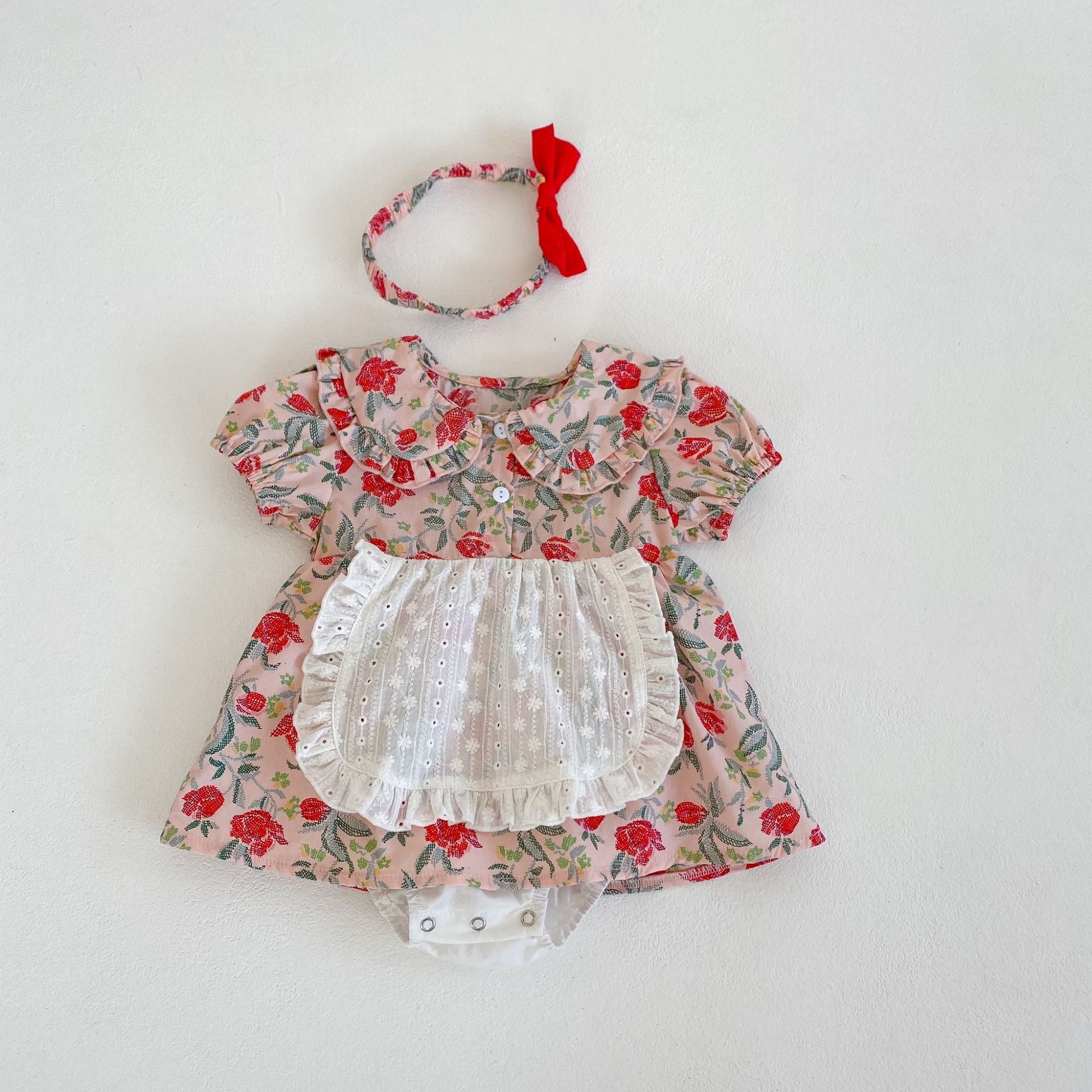 Baby Girls Floral Pattern Lace Patchwork Design Doll Collar Buttoned Puff-Sleeved Dress My Kids-USA