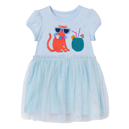 Baby Girl Cartoon Animal Graphic Mesh Overlay Design Puff Sleeve Dress My Kids-USA
