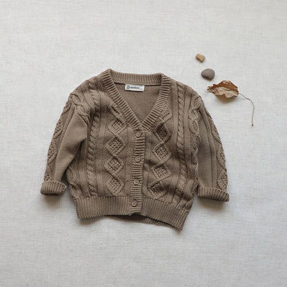 Bébé Crochet Kint Pattern Couleur unie V-Neck Single Breasted Cardigan 