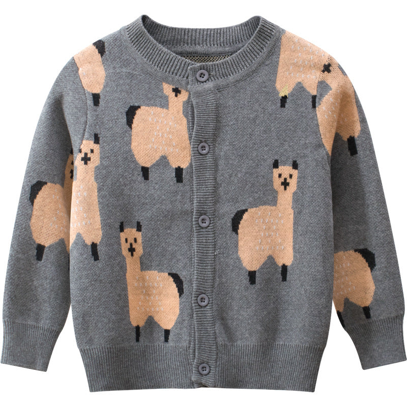 Baby Boy Cartoon Sheep Embroidered Pattern Button Front Knitted Cardigan My Kids-USA