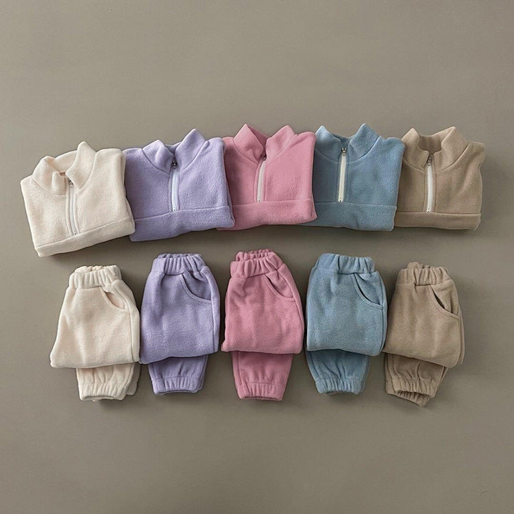 Baby Solid Color Double Sided Fleece Stand Collar Sweater Sets My Kids-USA