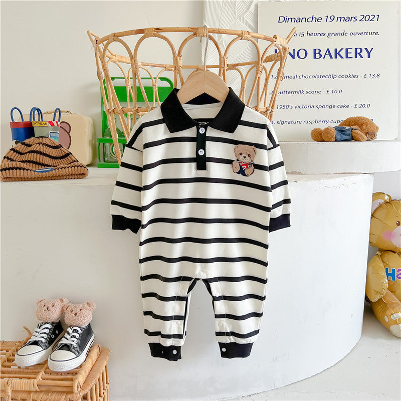 Baby Cartoon Bear Print & Striped Pattern Polo Neck Long Sleeve Romper My Kids-USA