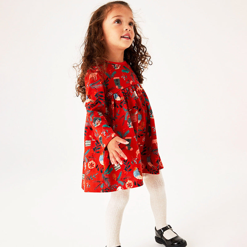 Baby Girl Floral Graphic Long Sleeve A-Line Design Loose Christmas Dress My Kids-USA
