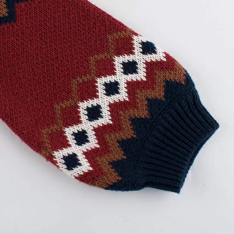 Girls Fashionable Round Collar Geometric Design Knitting Sweater
