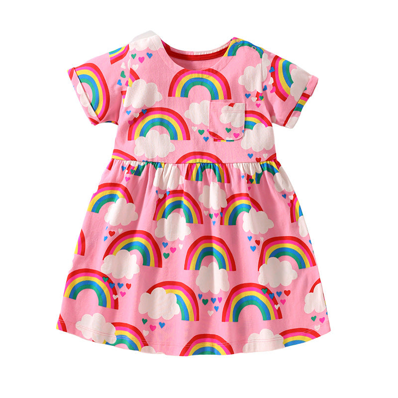 Vestido de manga corta con cuello redondo y estampado de arcoíris para bebé niña 