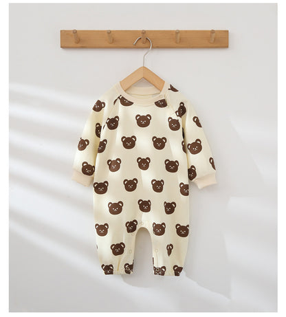 Kids Bear Print Pattern Concealed Buckle Design Round Collar Mid-Sleeved Soft Rompers My Kids-USA