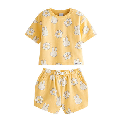 Baby Girl Cartoon Bunny Pattern Short Sleeve Tops With Shorts Sets