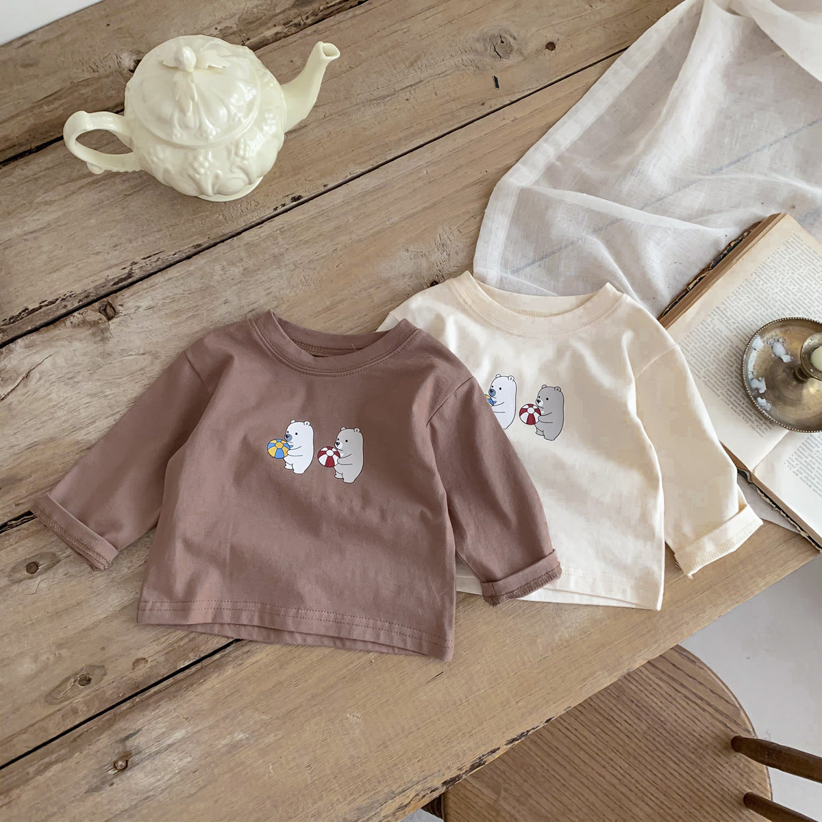 Hauts imprimés de dessins animés pour bébé avec ensembles de grenouillères en tissu gaufré 